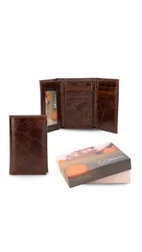 Billetera vertical de cuero negro, con diseño de tres cuerpos, dos divisiones para billetes, ocho espacios para tarjetas y un visor.