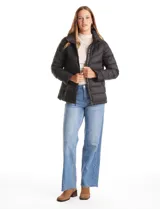 Campera puffer de plumas Michael Kors, color negro, con cierre frontal metálico, bolsillos laterales y cuello alto con capucha oculta.