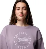 Buzo Columbia modelo Meridian Creek Crew, de color lila con cuello redondo y diseño estampado circular en el pecho. Cuenta con puños, cuello y dobladillo acanalados.