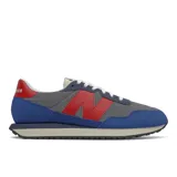 Championes New Balance 237 de hombre, con capellada gris con rayas horizontales, detalles en azul y logo "N" en rojo.