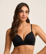 Conjunto de dos corpiños triangulares sin aro, uno negro y otro gris jaspeado, confeccionados en microfibra ligera con breteles finos ajustables.