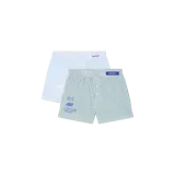 Pack de dos calzoncillos tipo bóxer a rayas verticales, uno en tono verde y otro en tono celeste, con cintura elástica, botones frontales y detalle de estampa y etiqueta con logo de la marca.
