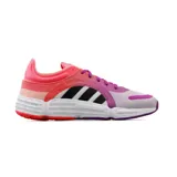 Championes deportivos Adidas modelo Sonkei, con diseño degradado en tonos rosados y violetas. Presentan las icónicas tres bandas laterales en color negro, cordones violetas y una suela blanca con detalles en rojo y violeta.