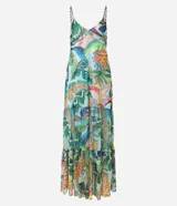 Vestido largo confeccionado en tul con estampado tropical colorido. Presenta escote en V, tirantes finos trenzados y falda con volado en el bajo. Incluye forro interior.