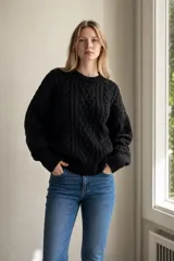 Sweater de punto grueso color rojo, con diseño de trenzas verticales, cuello redondo y puños acanalados.