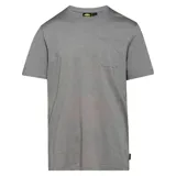 Remera de algodón color gris con cuello redondo, manga corta y bolsillo frontal en el pecho.