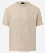 Remera slim de punto acanalado color beige, con cuello redondo y manga corta, de corte ajustado y diseño texturizado.