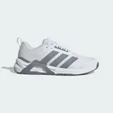 Championes de entrenamiento Adidas Dropset Control, color blanco con detalles en gris. Diseñados para levantamiento de pesas, cuentan con exterior de malla transpirable, mediasuela estable REPETITOR y sistema de torsión de TPU en el mediopié para mayor sujeción.