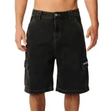 Bermuda cargo de denim negro con costuras contrastantes en color ocre, bolsillos laterales con solapa y presillas para cinturón.