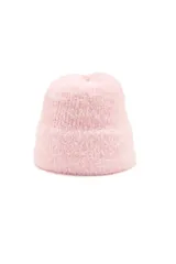 Gorro tipo bucket de textura peluda y suave, en color rosado.