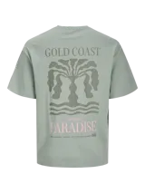 Camiseta verde con estampado de palmera, olas y texto "Gold Coast Surfers Paradise".
