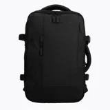 Mochila Merrell expandible de diseño técnico, color negro, con capacidad ajustable de 26 a 38 litros. Presenta múltiples compartimentos con cierres, correas de compresión laterales y asa lateral reforzada para uso versátil.