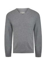 Sweater gris de cashmere con cuello en V y borde en contraste.