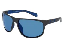 Lentes de sol INVU modelo A2308B, con montura rectangular de color gris mate y detalles en azul. Lentes polarizadas de color azul.