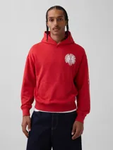 Canguro rojo con capucha, bolsillo frontal tipo canguro y estampado circular blanco en el pecho con temática de la Copa Mundial de 1966.
