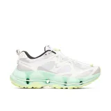 Championes de senderismo Merrell modelo SpeedARC Matis, con diseño técnico en color blanco, detalles en verde menta y toques amarillos. Presentan una entresuela innovadora con tecnología SpeedARC, parte superior de malla transpirable con refuerzos de TPU y suela Vibram MegaGrip para un agarre superior.