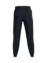 Pantalón deportivo negro para hombre, marca Under Armour, modelo UA Unstoppable. Confeccionado con tejido técnico repelente al agua, elástico y duradero. Corte ajustado con puños elásticos y bolsillos laterales con cierre.