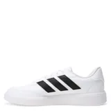 Championes urbanos Adidas Courtblock, color blanco con las icónicas tres tiras laterales en negro. Presentan un diseño de corte bajo con cierre de cordones, puntera perforada para mayor ventilación y suela de goma resistente.