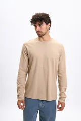 Remera de manga larga color taupe con textura, cuello redondo y corte clásico.