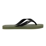 Chinelas de goma azul marino con estampado de palmeras en gris y detalles en amarillo flúor.