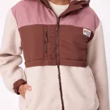 Campera con capucha de diseño color block, confeccionada en una combinación de materiales que incluye sherpa, pana y nylon. Presenta cierre frontal, bolsillos laterales y un bolsillo superior con cierre, además de un parche con logo en el pecho.