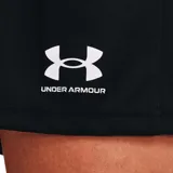 Short deportivo Under Armour Challenger Knit de mujer, color negro, con cintura elástica y logo estampado en la pierna derecha.