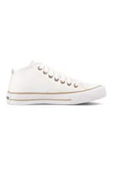 Championes de media bota John Foos modelo 164, color blanco con detalles en dorado y suela de goma con líneas marrones.