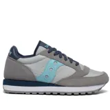 Championes Saucony Jazz Original, color gris con detalles en celeste y azul. Capellada de nylon y gamuza, entresuela de EVA que ofrece amortiguación y suela de goma resistente.