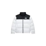 Campera puffer The North Face modelo 1996 Retro Nuptse 700 Fill, en color blanco con diseño en bloque negro en la parte superior y el pecho. Cuenta con cuello alto, cierre frontal completo y el logo de la marca bordado en el pecho.