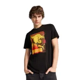 Remera de algodón color negro con cuello redondo y manga corta. Presenta un estampado gráfico frontal con la imagen de un puma en tonos amarillos y rojos, junto al logo de la marca.
