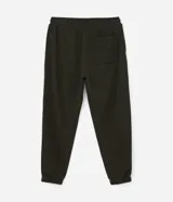 Pantalón tipo jogger de corte holgado, color verde oliva, con cintura elástica ajustable mediante cordón, bolsillos laterales y puños elásticos en los tobillos.