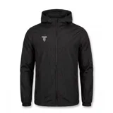 Campera de lluvia Tiffosi para hombre, color negro, con capucha, cierre frontal y bolsillos laterales con cierre. Presenta logo estampado en el pecho.