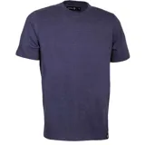 Remera de cuello redondo y manga corta, confeccionada en tejido jaspeado de color azul marino, con detalle de etiqueta pequeña en el ruedo.
