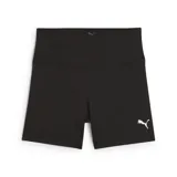 Calzas cortas deportivas de mujer Puma modelo Ess 5 Short Tight, de color negro y tiro alto, con el logo de la marca estampado en blanco en el lateral.