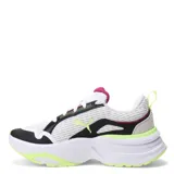Championes de running Puma modelo Softride Divine, con diseño multicolor que combina blanco, negro, fucsia y verde neón. Presentan una estructura de malla transpirable con refuerzos sintéticos, entresuela gruesa con tecnología SOFTRIDE para amortiguación y suela de caucho con tracción zonal.