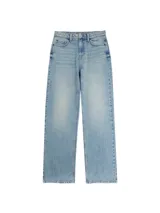 Jean de tiro alto confeccionado en denim de lavado claro, con corte recto y diseño clásico de cinco bolsillos.