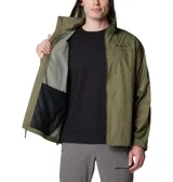 Campera impermeable Columbia modelo Glennaker Lake Jkt Omni-Shield, color verde militar, con cierre frontal, capucha ajustable que se guarda en el cuello, bolsillos con cremallera y puños ajustables con velcro.