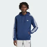 Canguro Adidas Originals de color azul, con capucha ajustable mediante cordones, bolsillo frontal tipo canguro y las icónicas tres rayas blancas en las mangas. Presenta el logo del trébol bordado en el pecho.