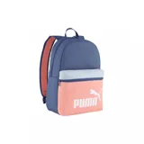 Mochila Puma Phase CB de poliéster color azul con detalles en rosa y gris. Logo de Puma estampado en blanco en el frente.