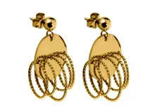 Aros colgantes de acero rose gold con cierre de mariposa, compuestos por un círculo superior, una placa ovalada y aros colgantes trenzados.