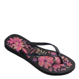 Sandalias Havaianas Slim Organic con estampado floral en tonos rosados y tiras finas color cobre.