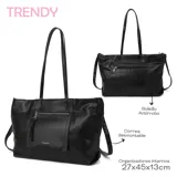 Bolso shopper negro de cuero vegano, con doble asa de hombro, bolsillo frontal con cierre y correa bandolera desmontable.