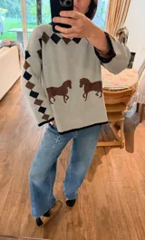 Buzo tejido de punto color beige, con diseño estampado de un caballo y rombos en la parte superior trasera. Presenta cuello redondo, mangas largas y corte holgado.