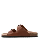 Sandalias tipo Birkenstock de color negro, con doble tira ajustable mediante hebillas metálicas y plantilla anatómica con base de corcho.