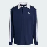 Polo de rugby Adidas de manga larga, color azul marino con cuello y botones blancos. Presenta las icónicas tres tiras blancas en los hombros y mangas, y el logo del trifolio bordado en el pecho.
