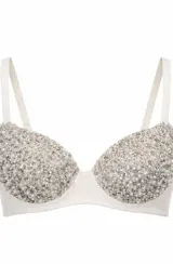Corpiño con aros y copas totalmente recubiertas de cristales y perlas brillantes. Presenta breteles ajustables y cierre posterior, combinando un diseño sofisticado con una estructura de sostén clásico.
