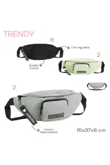 Riñonera negra con bolsillo frontal y correa regulable. Incluye llavero desmontable con la palabra 'Trendy'.
