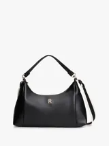 Cartera tipo hobo Tommy Hilfiger de acabado liso en color negro, con cierre de cremallera superior, asa corta de mano y correa tejida ajustable y extraíble en blanco y negro. Incluye detalle de logo metálico en relieve en la parte delantera y herrajes dorados.