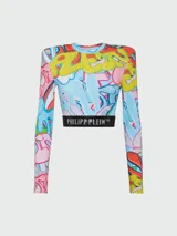 Top corto de manga larga con hombreras y estampado de graffiti multicolor. Tiene una banda elástica negra en la cintura con el logo de la marca.