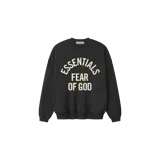 Buzo de cuello redondo negro Fear of God Essentials, con estampado frontal en color crema que dice "Essentials Fear of God".
